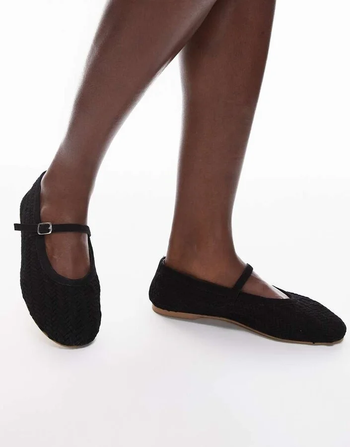 Topshop Bonnie woven Mary Jane ballet flats in black suede