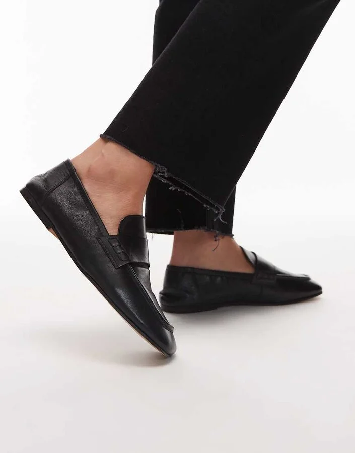 Topshop Brooks ruched back real leather flat shoes in black