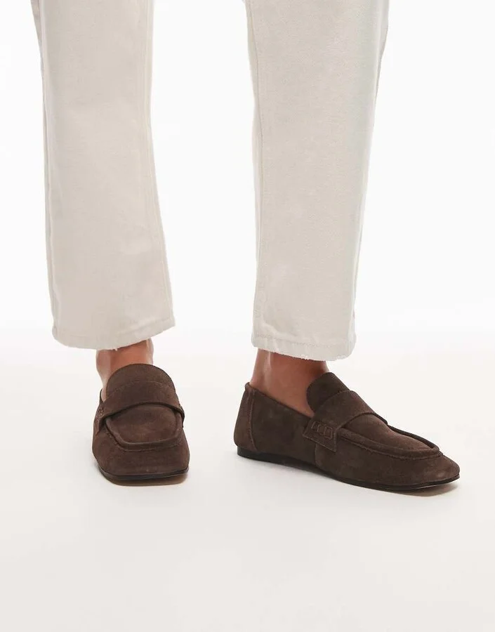 Topshop Brooks ruched back real suede leather flat shoes in chocolate