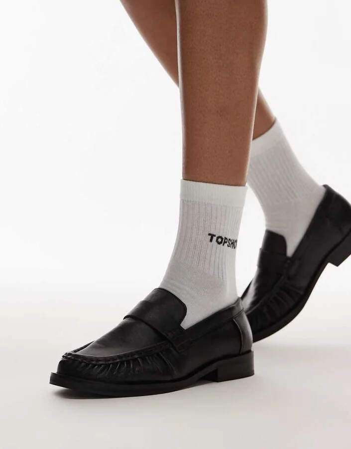 Topshop Carey leather loafers with ruched detail in black