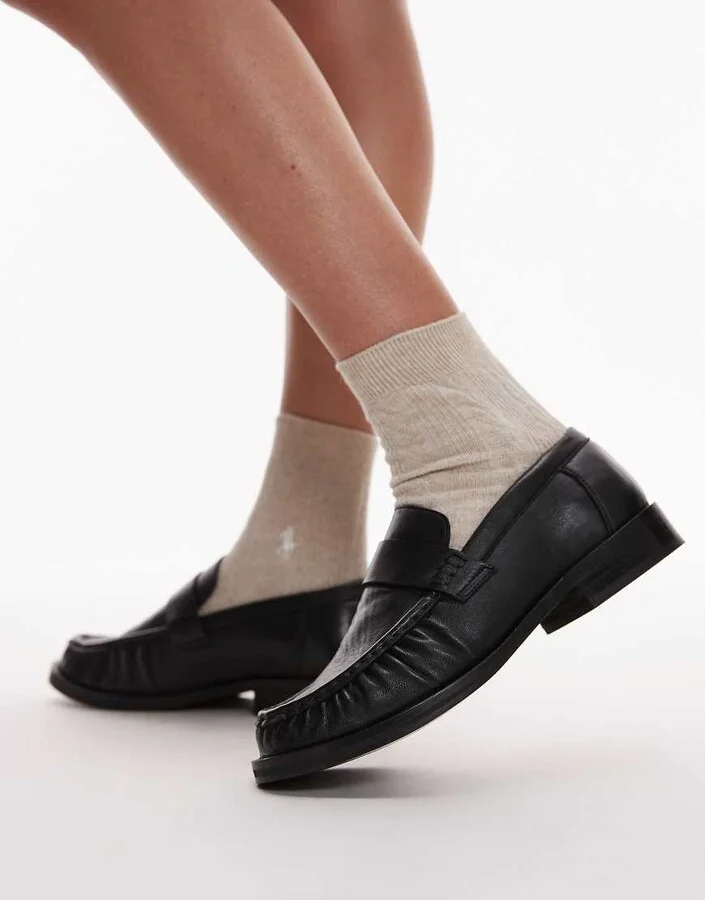 Topshop Carey real leather loafers with ruched detail in black - Image 4