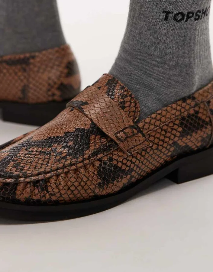 Topshop Carey real leather loafers with ruched detail in snake print - Image 3