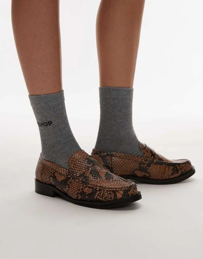 Topshop Carey real leather loafers with ruched detail in snake print