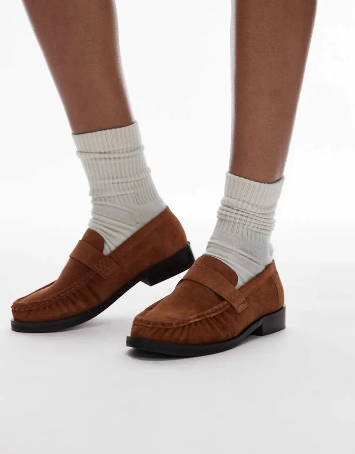 Topshop Carey suede loafers with ruched detail in tan