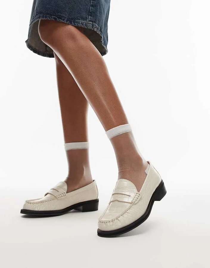 Topshop Carter loafers with ruched detail in off white crocodile print