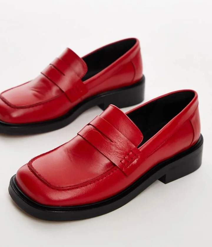 Topshop Cole premium leather square toe loafers in red - Image 2