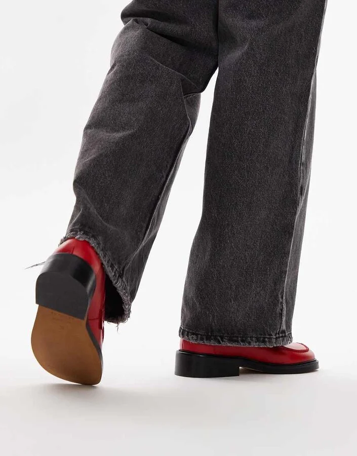 Topshop Cole premium leather square toe loafers in red - Image 4