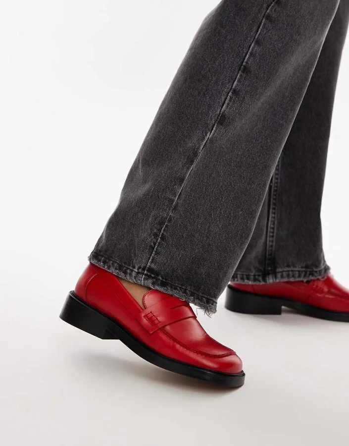 Topshop Cole premium leather square toe loafers in red