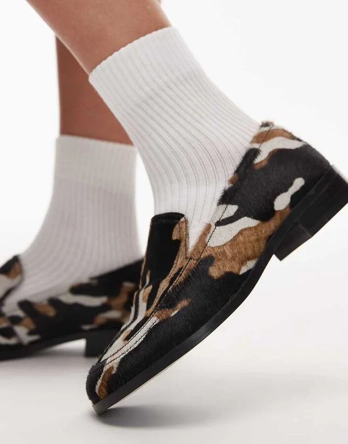 Topshop Corrie pony real leather flat shoe loafers in animal print - Image 2