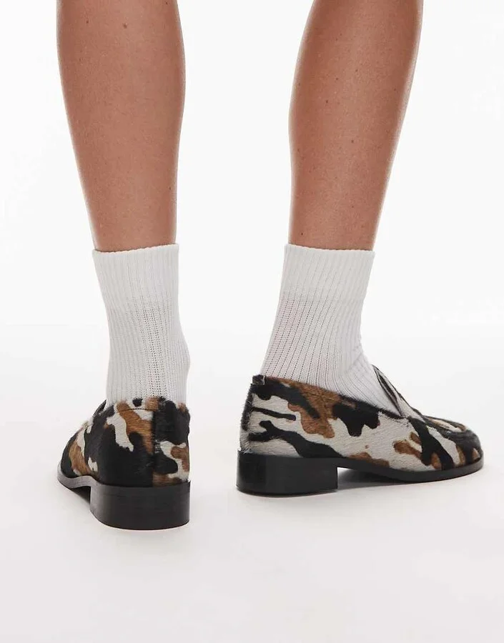 Topshop Corrie pony real leather flat shoe loafers in animal print - Image 3