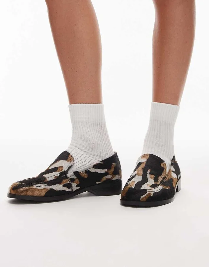Topshop Corrie pony real leather flat shoe loafers in animal print