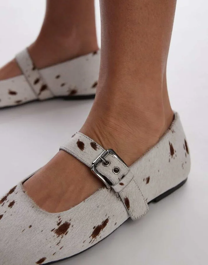 Topshop Cyndi leather square toe ballet flats with buckle detail in cow print pony - Image 2