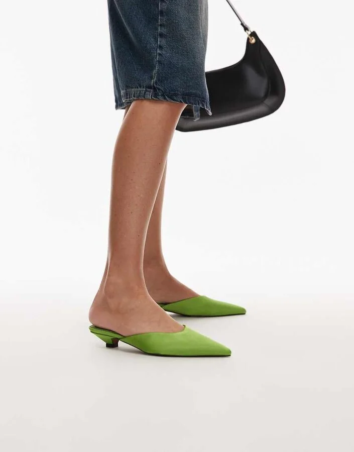 Topshop Dakota kitten heel pumps in green satin