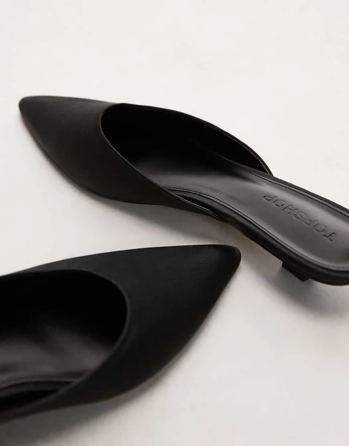 Topshop Dakota kitten heel shoe in black satin - Image 4