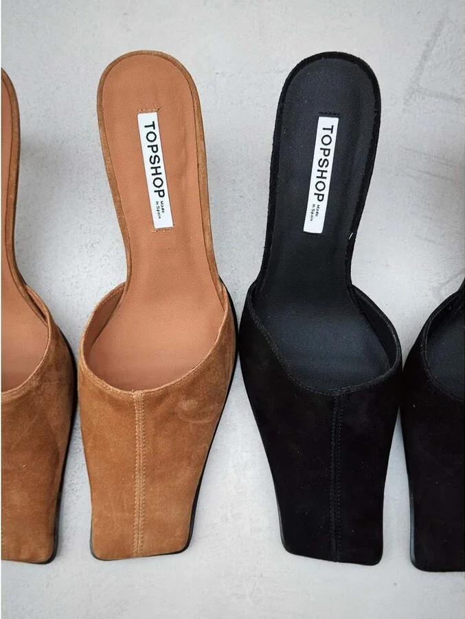 Topshop Dante premium real suede square toe heeled mules in black - Image 2