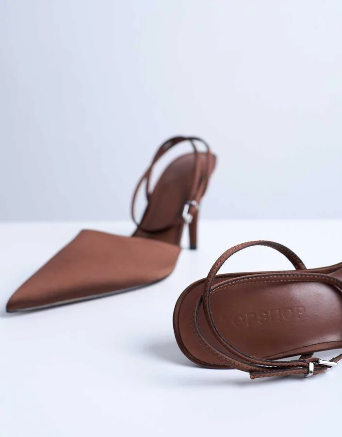 Topshop Demi cone heel pumps with tie in chocolate - Image 3