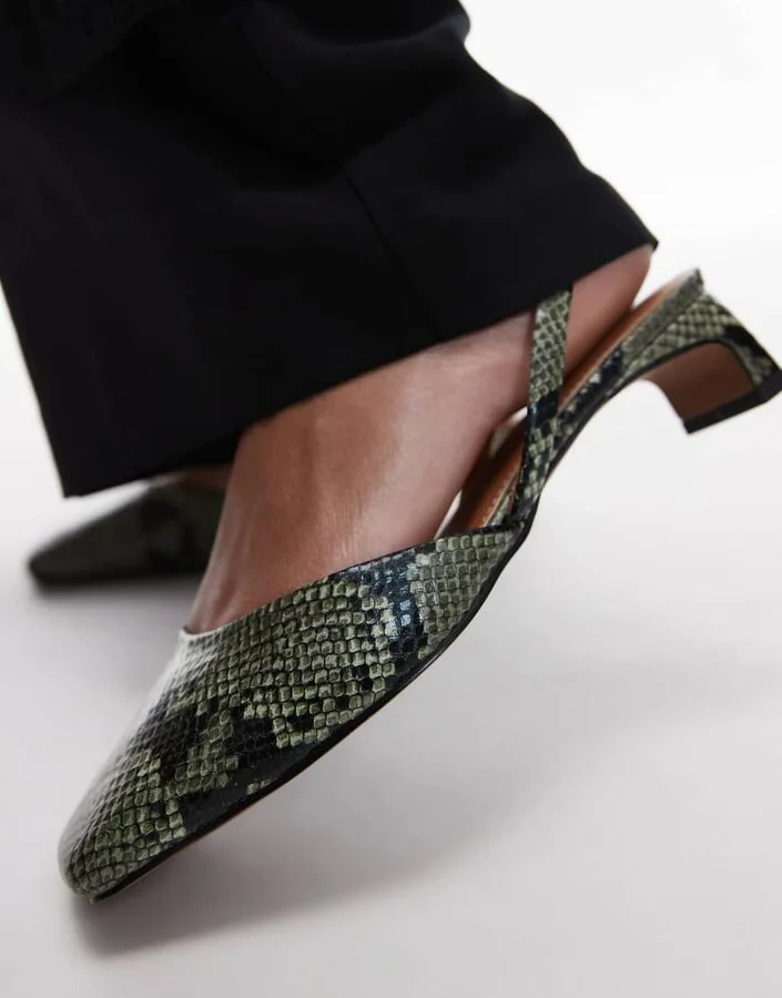 Topshop Diana square toe mid heeled shoes in khaki snake print - Image 2