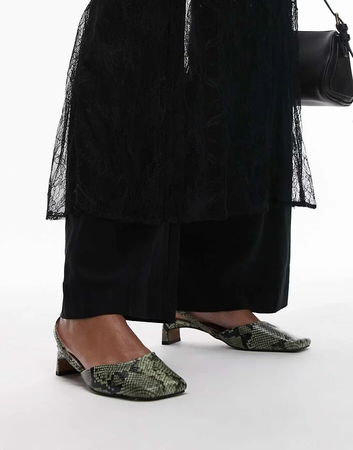 Topshop Diana square toe mid heeled shoes in khaki snake print