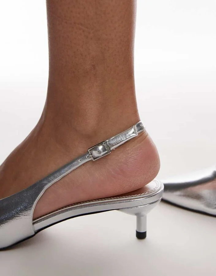 Topshop Ellie slingback mid heel pumps in silver - Image 2