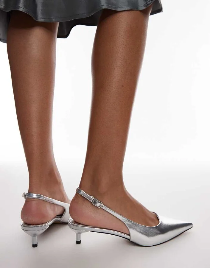 Topshop Ellie slingback mid heel pumps in silver - Image 3