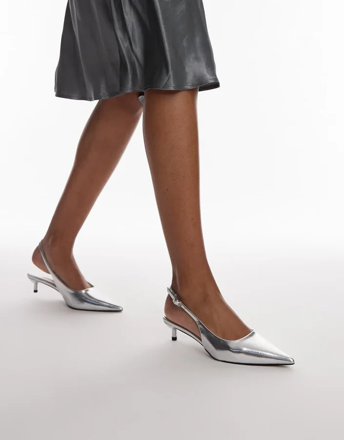 Topshop Ellie slingback mid heel pumps in silver - Image 4