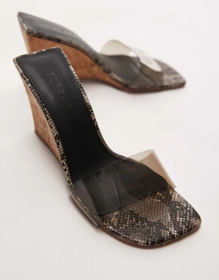 Topshop Farah high wedge heeled acrylic mules in snake - Image 2