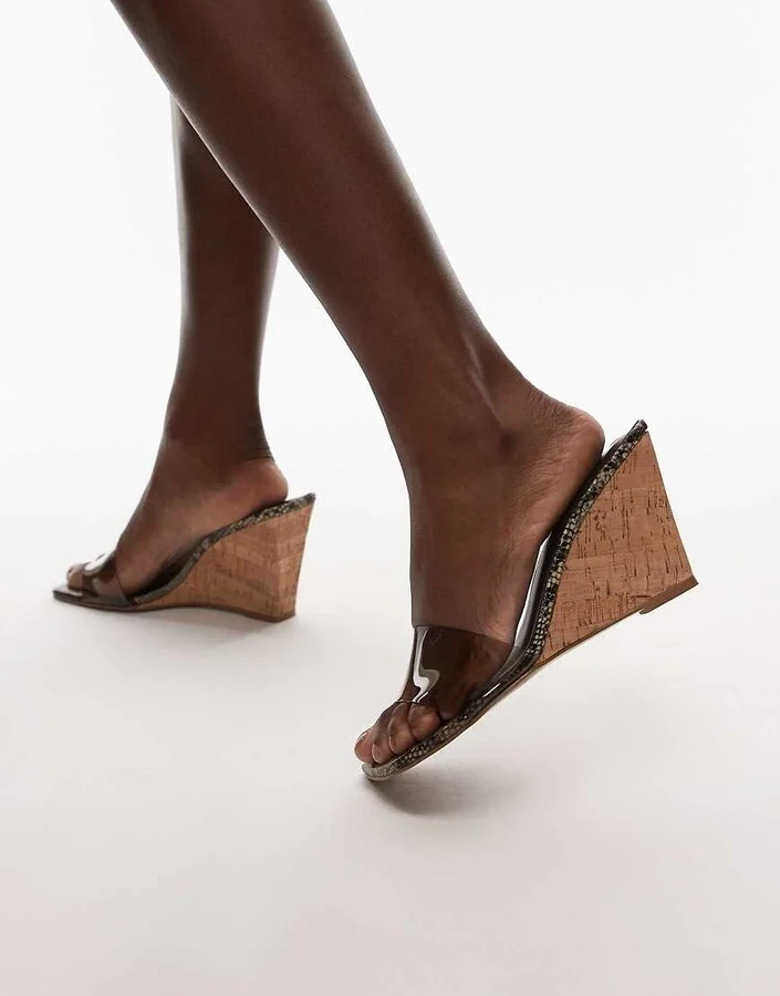 Topshop Farah high wedge heeled acrylic mules in snake - Image 4