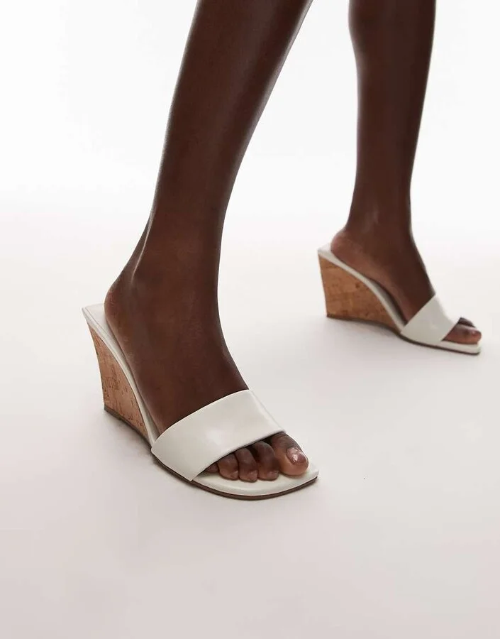 Topshop Farah high wedge heeled mules in off white