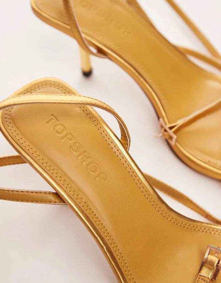 Topshop Fina barely there mid heeled sandals in gold - Image 2