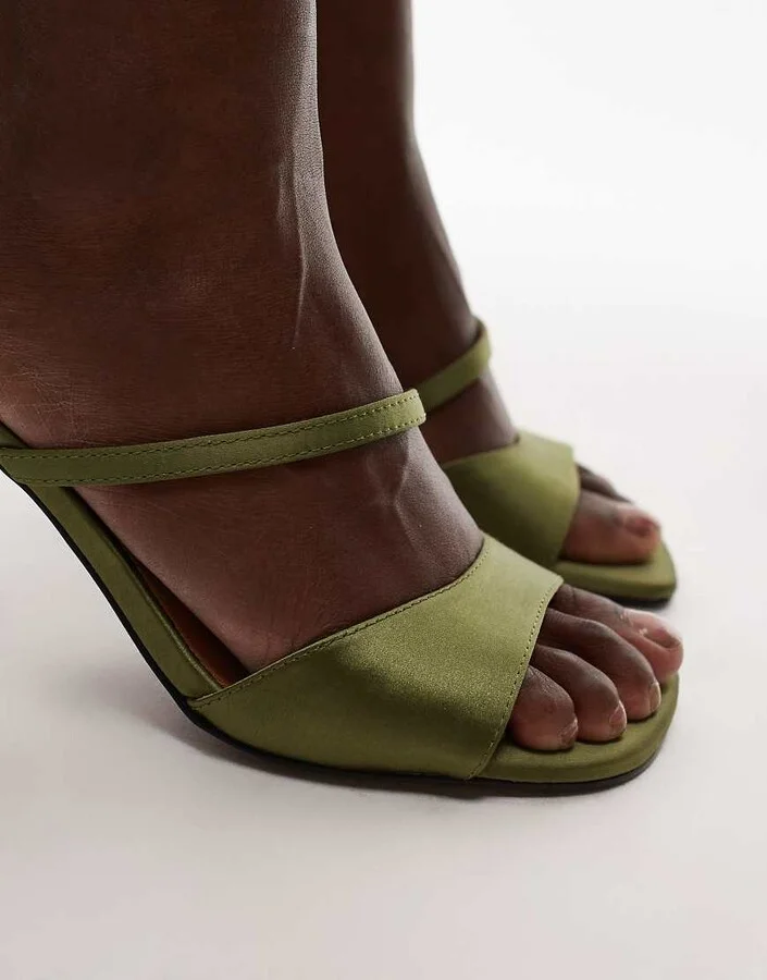 Topshop Fiona high heel mules with strap in green - Image 2