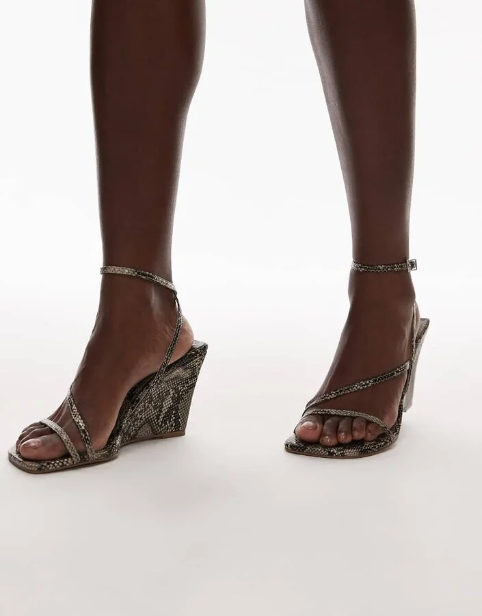 Topshop Frankie high heel strappy wedges in snake