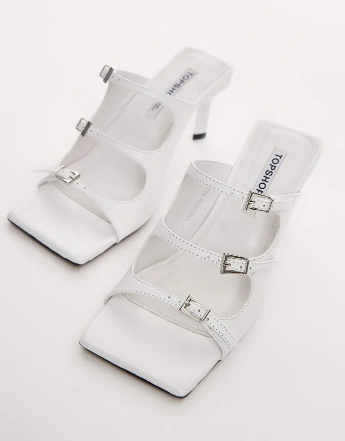 Topshop Gloria premium leather square toe high heeled sandals with buckle detail in white - Image 2
