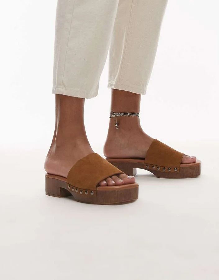 Topshop Hamilton suede clogs with studs in beige