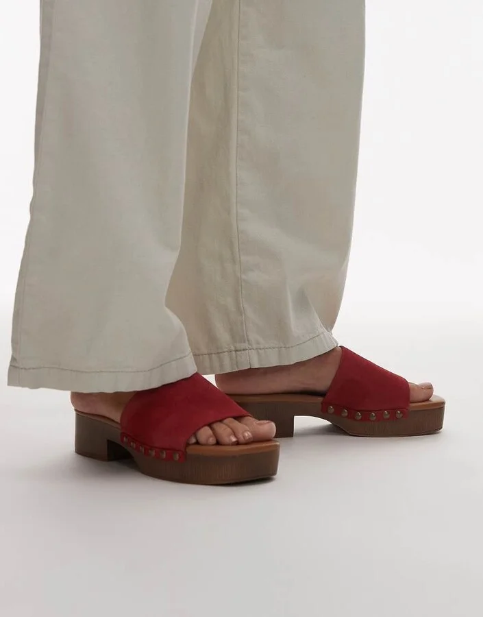 Topshop Hamilton suede clogs with studs in red