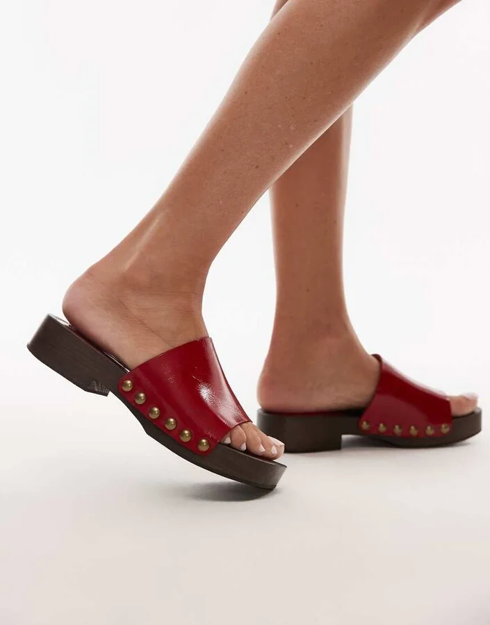 Topshop Harley premium leather wooden clogs in red - Image 2