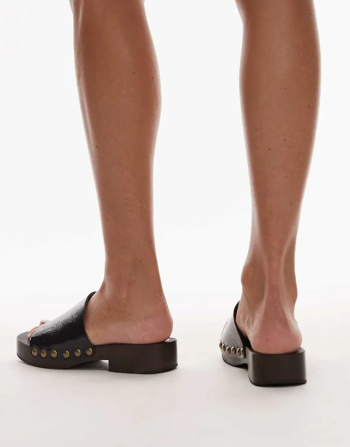 Topshop Harley premium real leather wooden clogs in black - Image 2