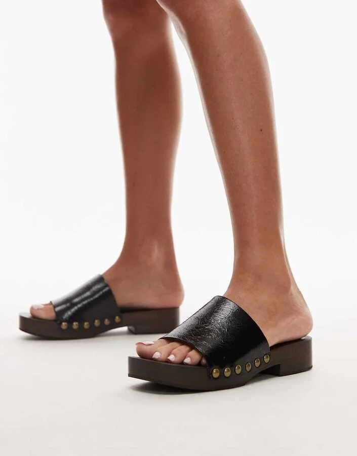 Topshop Harley premium real leather wooden clogs in black - Image 3