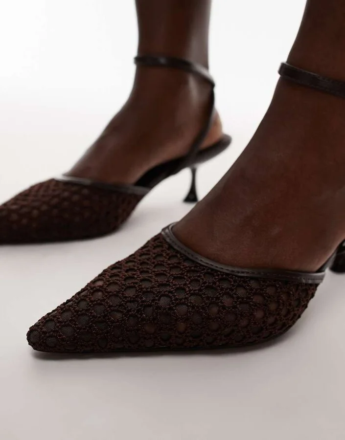 Topshop Iggy slingback mesh mid heel pumps in chocolate - Image 2