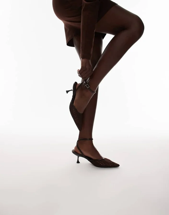 Topshop Iggy slingback mesh mid heel pumps in chocolate - Image 3