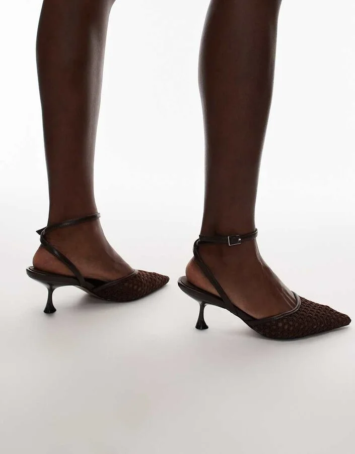 Topshop Iggy slingback mesh mid heel pumps in chocolate - Image 4