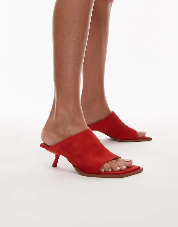 Topshop Ilya premium real suede open square toe mules in red - Image 2