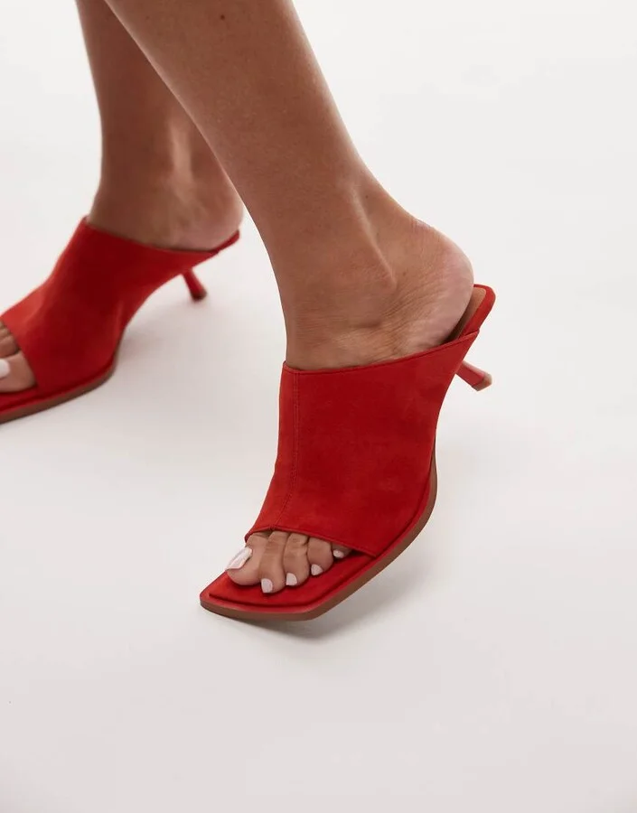 Topshop Ilya premium real suede open square toe mules in red - Image 3