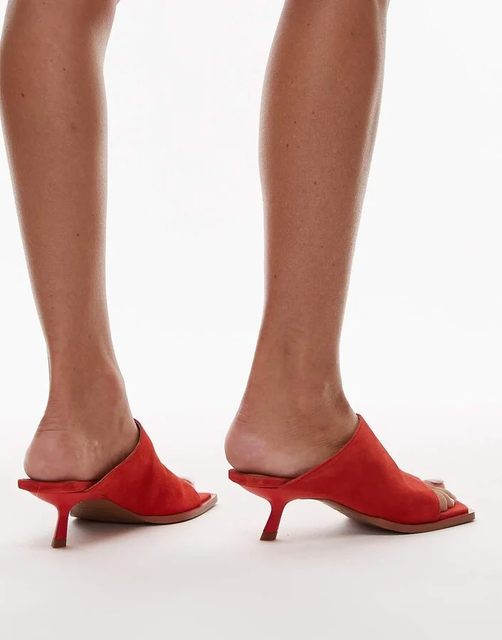 Topshop Ilya premium real suede open square toe mules in red - Image 4