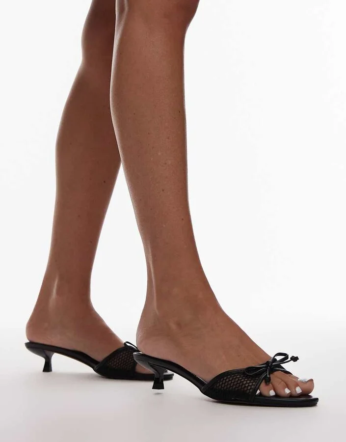 Topshop Imai mesh mid heeled mules with bow detail in black - Image 3