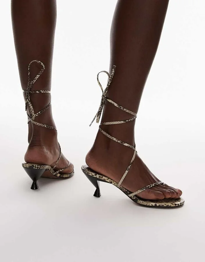 Topshop Imara strappy toe thong mid heel sandals in snake - Image 3