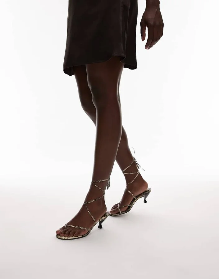Topshop Imara strappy toe thong mid heel sandals in snake - Image 4