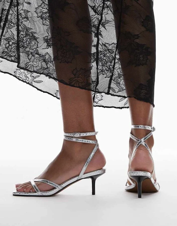 Topshop Imogen strappy mid heeled sandals in silver - Image 4
