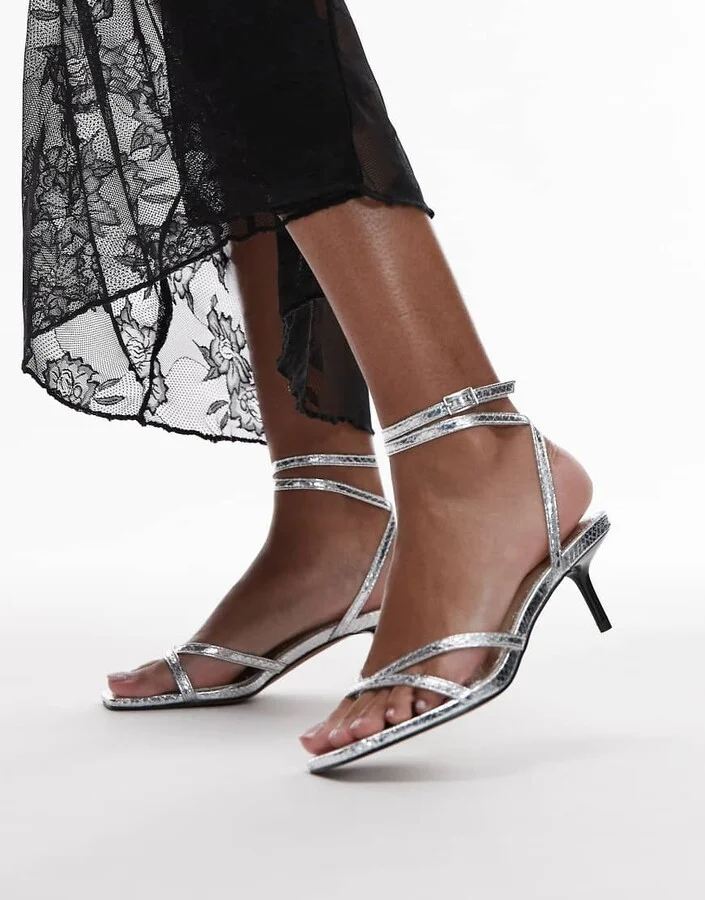 Topshop Imogen strappy mid heeled sandals in silver
