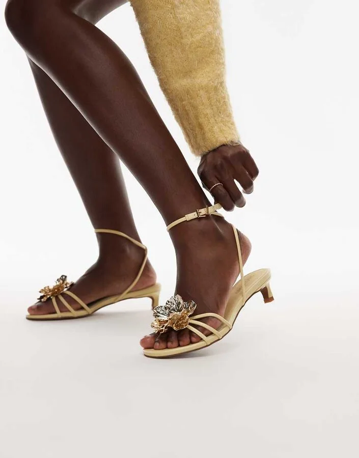 Topshop Inaya kitten heel strappy sandals with gold flower in yellow - Image 2