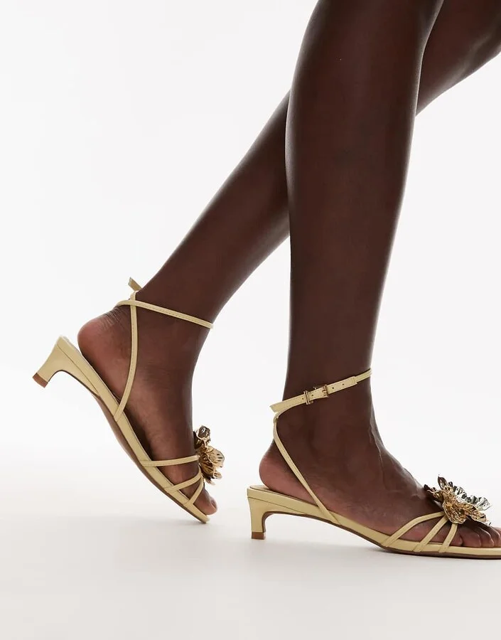 Topshop Inaya kitten heel strappy sandals with gold flower in yellow - Image 4